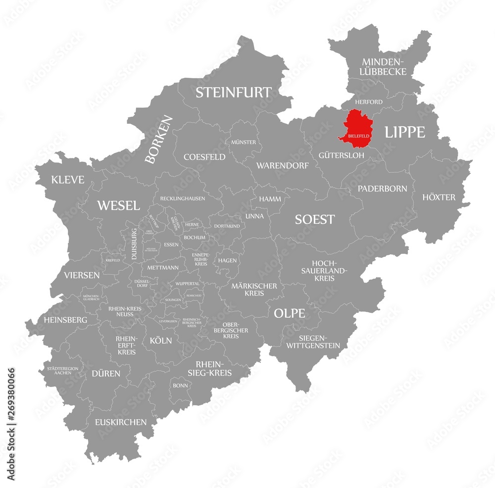 Bielefeld red highlighted in map of North Rhine Westphalia DE