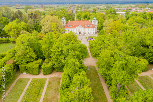 The Palace in Nieborow. Springtime. Green Trees. Aerial view