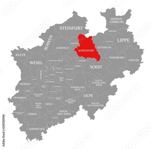 Warendorf red highlighted in map of North Rhine Westphalia DE