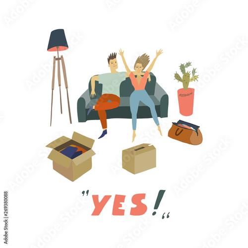 Man and woman sitting on the sofa . Cardboard boxes and valise on the floor Removal into a house