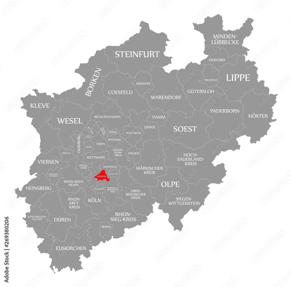Solingen red highlighted in map of North Rhine Westphalia DE