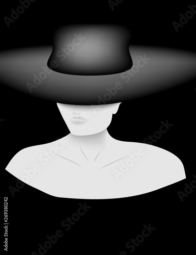 A mysterious woman wears a stylish hat in a minimalist fashion and beauty illustration.