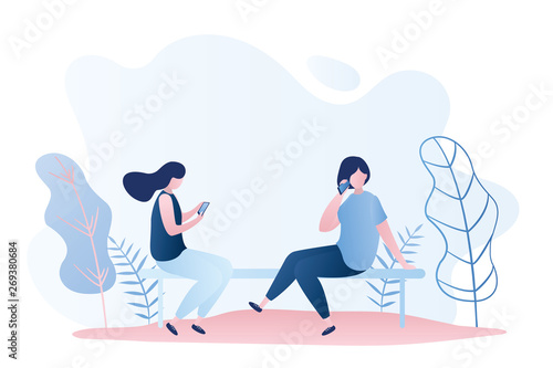 Two girls sitting on bench,female characters with smartphones,