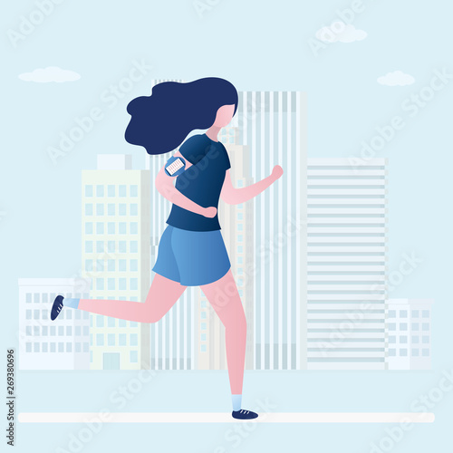 Beauty jogging female,outdoor fitness,urban view on background,