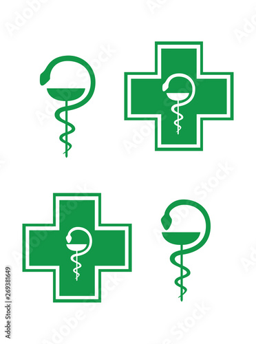 Pharmacy Cross. Set of two Green pharmacy cross and Medical symbol the snake wrapped around the bowl. Vector. Isolated on white background.