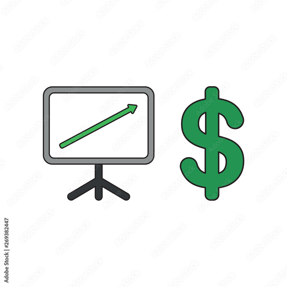 Vector icon concept of sales chart arrow moving up with dollar. Vector icon concept of sales chart arrow moving up with dollar.
