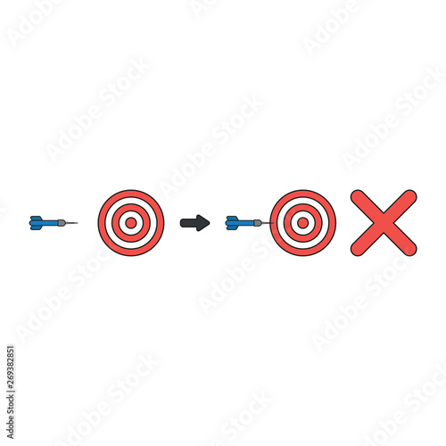 Vector icon concept of bulls eye and dart miss target with x mark.
