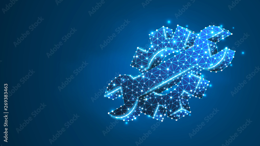 Fototapeta premium Gear, adjustable wrench. Industry, business solution, technology, machine engineering concept. Abstract, digital, wireframe, low poly mesh, Raster blue neon 3d illustration. Triangle, line, dot, star