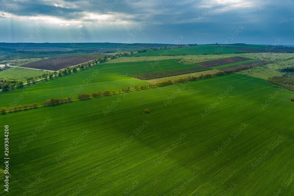 Flight over cultivating field in the spring. Moldova Republic of.