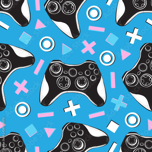 Gamepad joystick game controller seamless pattern. Devices for video games, esports, gamer on blue background.  Hand drawn vector in sketch style.