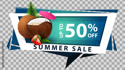 Summer sale, discount web banner in geometric style with strawberry cocktail in coconut