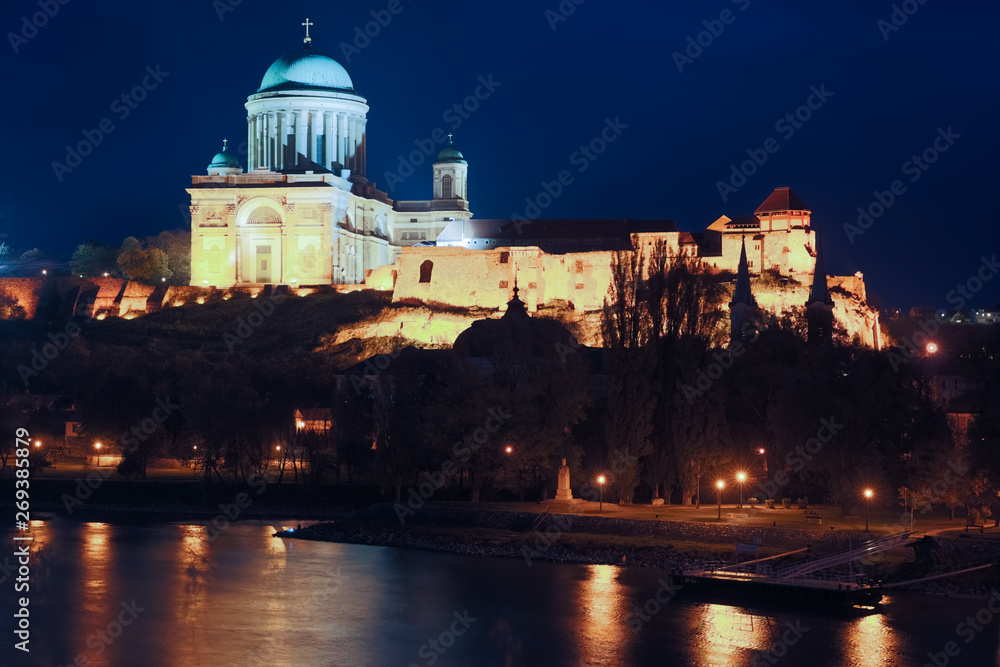Image of Basilica in light of Esztergom in Hungary