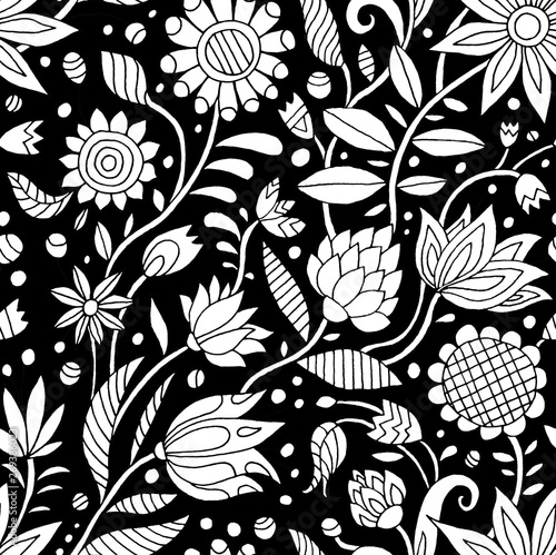 Fototapeta Naklejka Na Ścianę i Meble -  Seamless flowers pattern. Flower prick painted by hand. Suitable for packaging, fabrics, wallpapers and simple colorings.