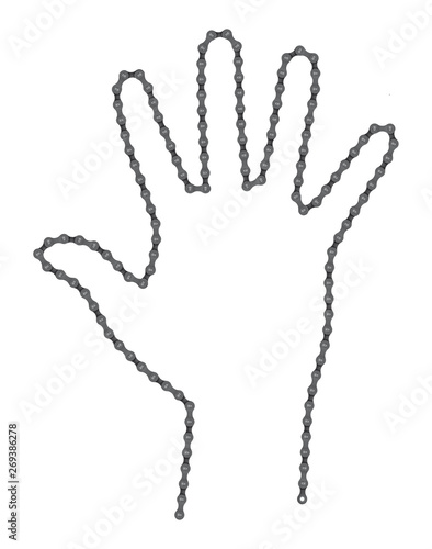 Vector realistic hand created from bike chain. Isolated on white background. Stop gesture.