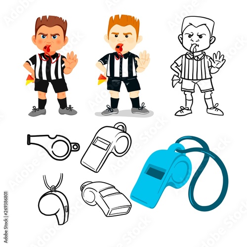 Whistling soccer referee showing stopping hand during match, human character vector illustration. Sport hand drawn cartoon, football arbitrator, whistle icon soccer judge, football coach, police blow