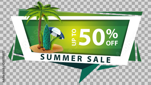 Summer sale, discount web banner in geometric style with palm, coconuts, beach umbrella and surf Board