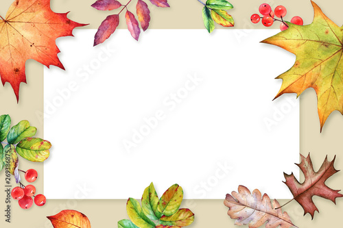 Floral frame with watercolor autumn leaves and berries
