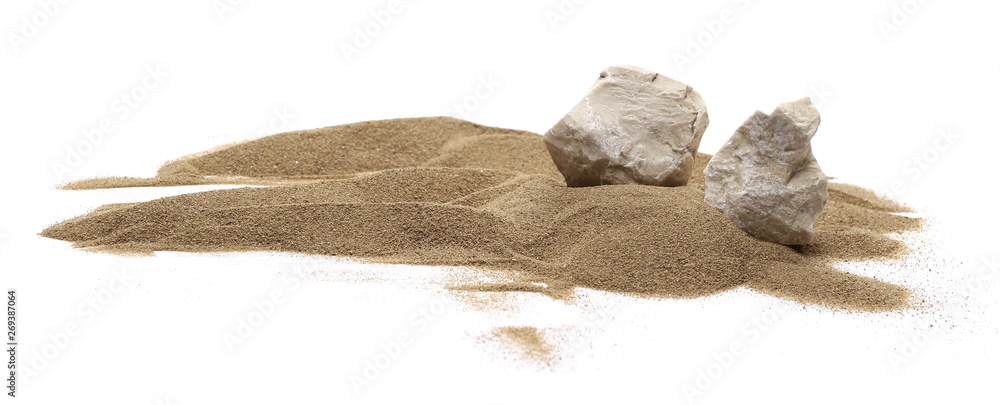 Rocks in sand pile isolated on white background and texture - obrazy, fototapety, plakaty 