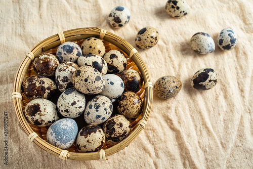 Fresh bird egg quail eggs on burlap background