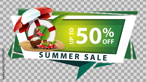 Summer sale, discount web banner in geometric style with coconut ice cream cocktail, beach umbrella, fruit, palm leaves and lifeline