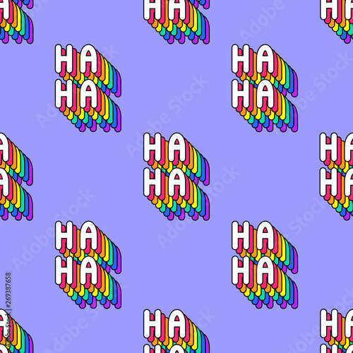 Seamless pattern with words “Ha-Ha” isolated on blue background. Text patches vector wallpaper. Funny cartoon comic style.
