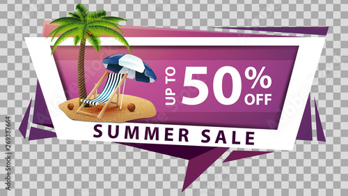Summer sale, discount web banner in geometric style with palm tree, beach chair and beach umbrella