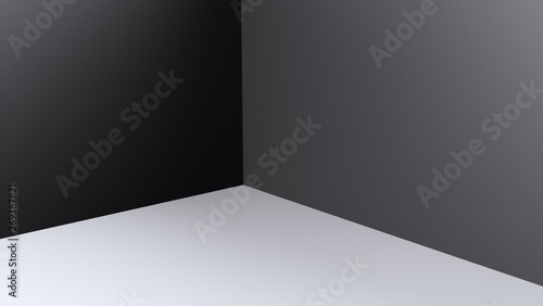 Empty corner with black walls and white floor. Empty room studio gradient used for background and display your product. 3d illustration