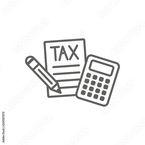 Tax concept with percentage paid, icon and income idea. Flat vector outline illustration.