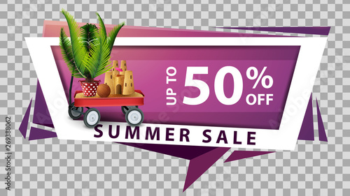 Summer sale, discount web banner in geometric style with garden cart with sand, sand castle and potted palm