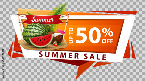 Summer sale, discount web banner in geometric style with watermelon, coconut cocktail in coconut, sign with the inscription "summer"