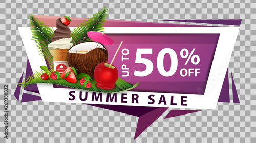 Summer sale, discount web banner in geometric style with coconut cocktail, strawberry, raspberry, cherry and ice cream on palm leaf