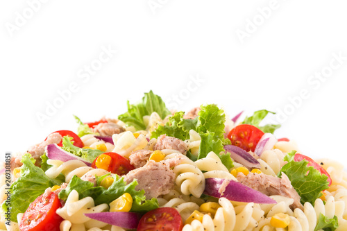 Pasta salad with vegetables isolated on white background. Close up