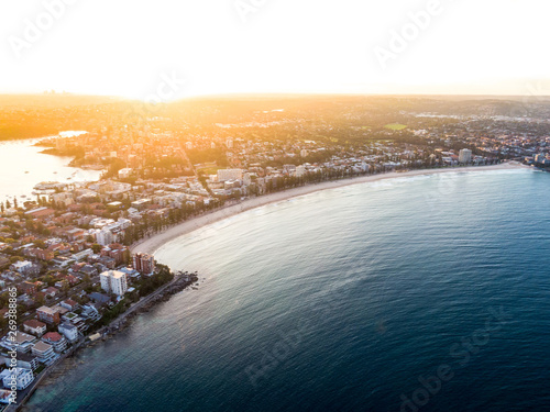 Photography Aerial evening sunset drone shot of Manly, a beach-side suburb of northern Sydney, in the state of New South Wales, Australia