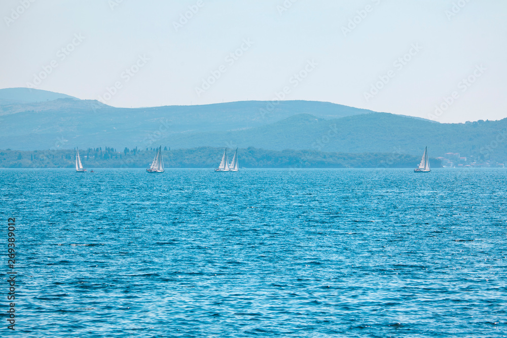 yachts with white sails in blue sea