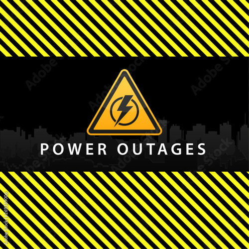 Power outage, warning poster in yellow and black with a beautiful triangular icon of electricity