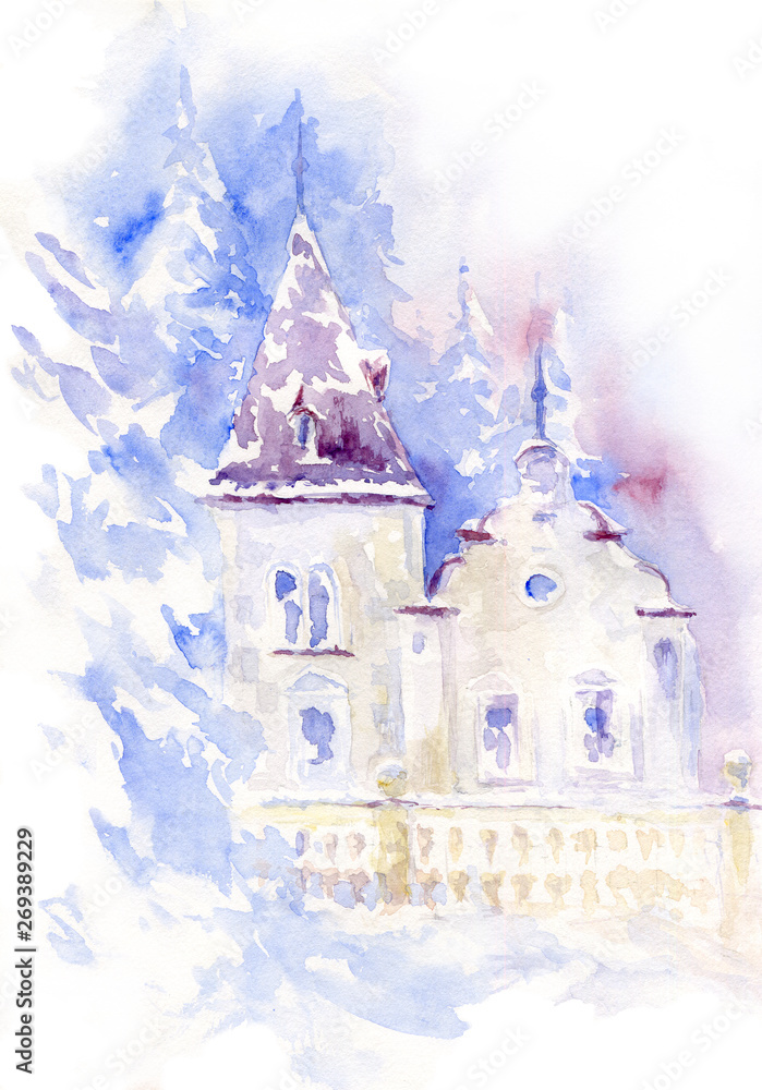 Fototapeta premium Hand Painted Greeting Christmas Card. Historical villa in winter forest