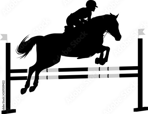 jumping show. horse with jockey jumping a hurdle silhouette.