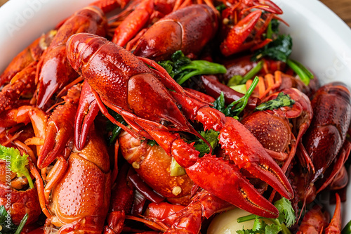 Chinese dish with a bowl of bright red delicious spicy crayfish