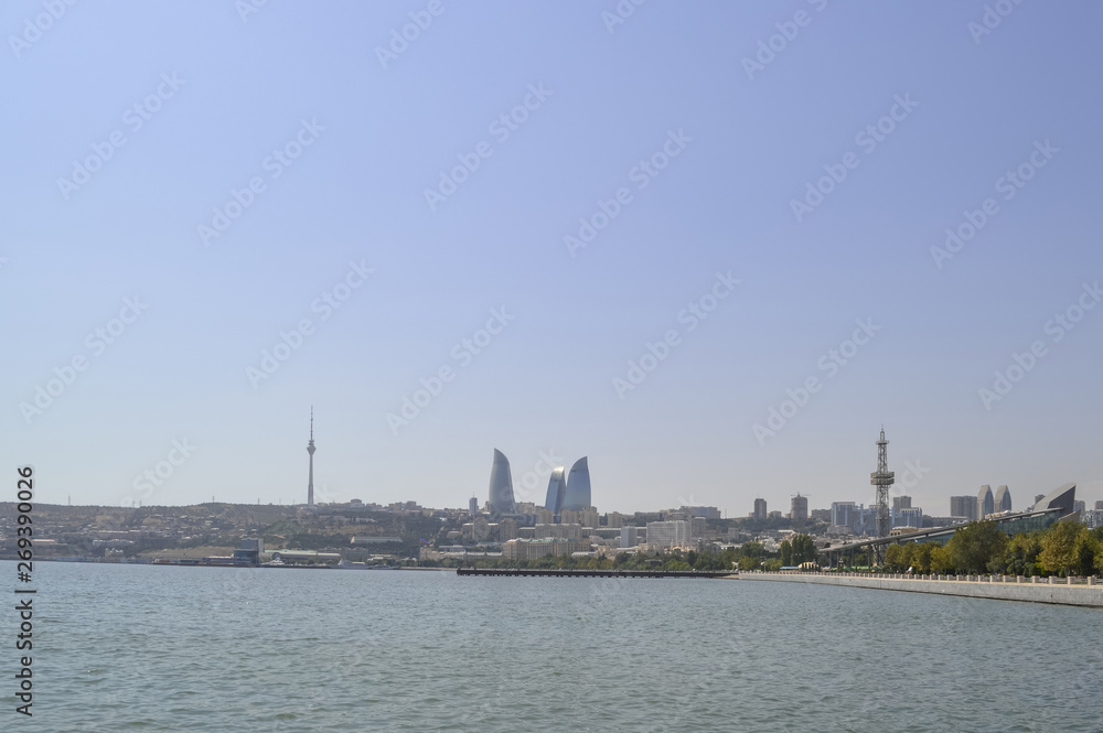 view of Bulvar Baku and cityscape from Caspian sea