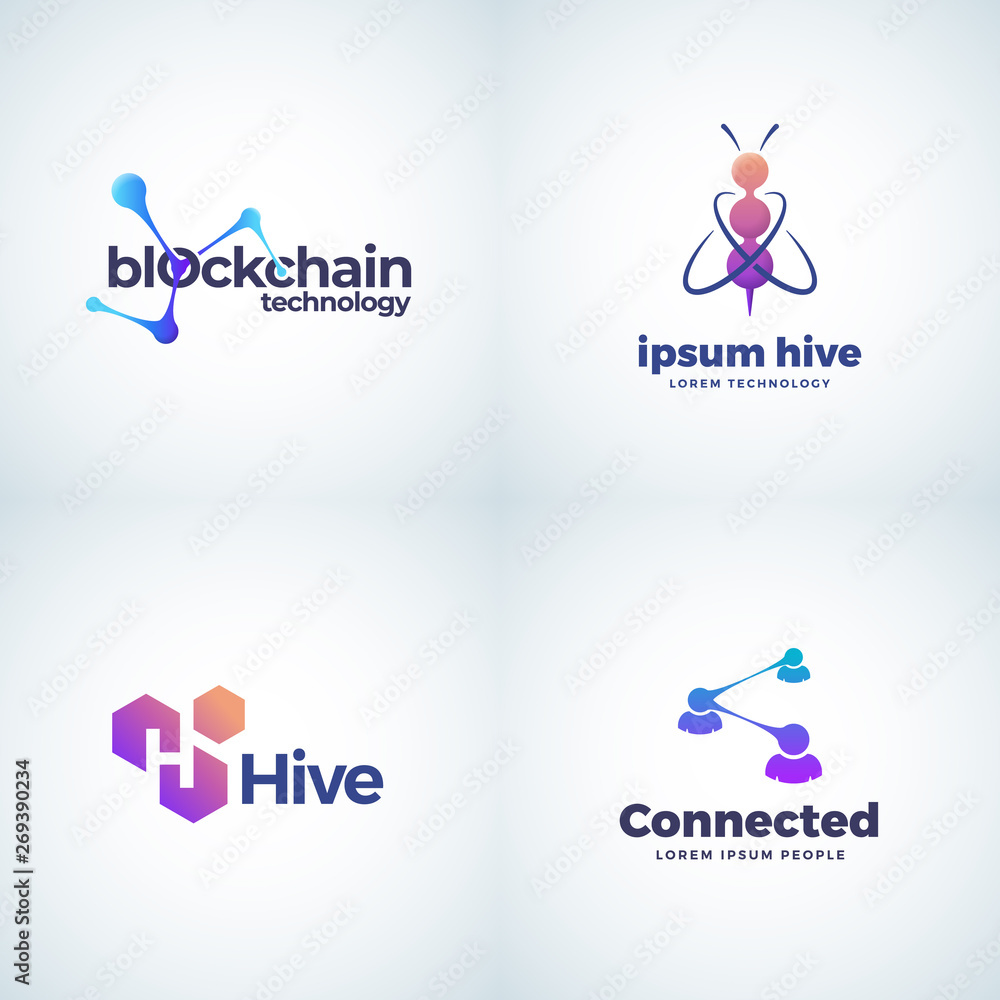 Fototapeta premium Blockchain Technology Absrtract Vector Signs, Symbols or Logo Templates Collection. Bee Hive Connection and Coworking Gradient Icons with Modern Typography.