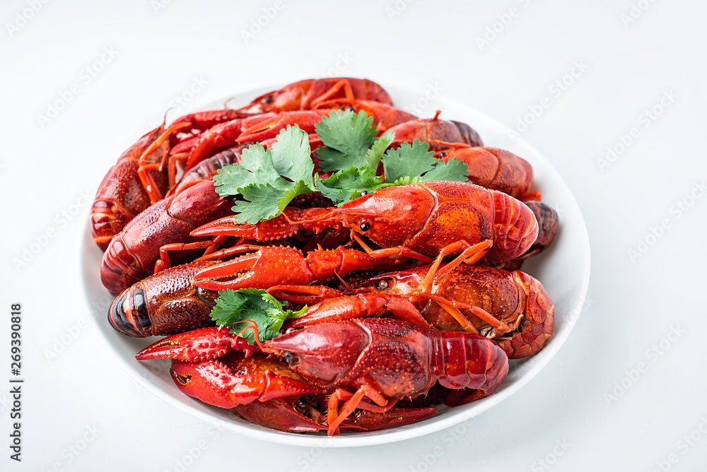 Delicious boiled crayfish on a saucer on a white background Delicious boiled crayfish on a saucer on a white background
