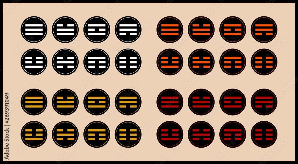 East Asia three lines magic symbols in black rounds with inner frames ...