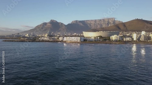 Aerial view over Cape Town, South Africa with Table Mountain