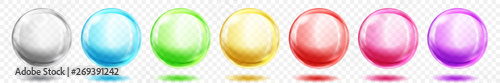 Set of translucent colored spheres with shadows on transparent background. Transparency only in vector format