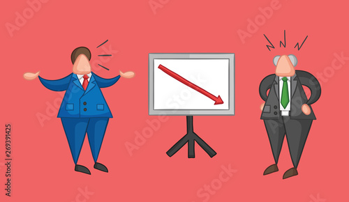 Hand-drawn vector businessman worker showing sales chart arrow moving down and boss is angry
