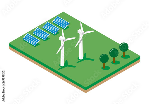 Ecological field with green energy solar panel and wind turbine vector illustration