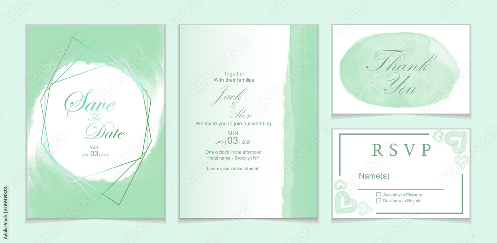 Wedding Invitation Set Elegant Watercolor Pantone Theme Color with Minimalist Design Concept. Set of 4 Cards Template (Save the Date, Greeting, Thank You, and RSVP )