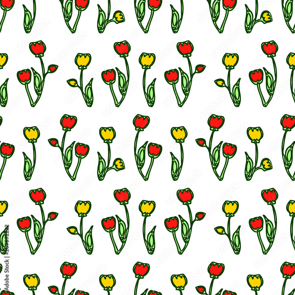 Seamless background of outlines red and yellow tulips Seamless background of outlines red and yellow tulips