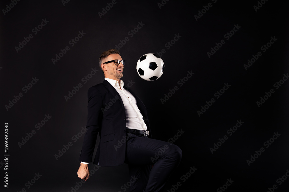 Portrait of his he nice-looking attractive content cheerful team leader top professional banker ceo boss chief director leadership career free time isolated over black background Portrait of his he nice-looking attractive content cheerful team leader top professional banker ceo boss chief director leadership career free time isolated over black background