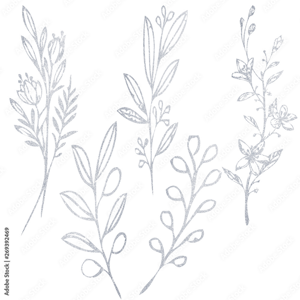 Fototapeta Silver freehand flower branches. Illustration of a flower on a white background.